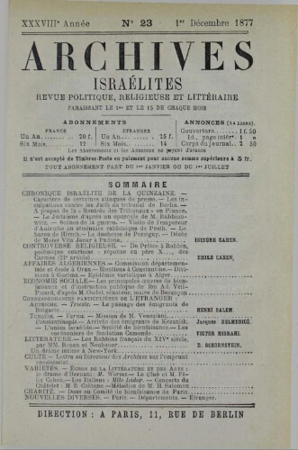 Archives israélites de France. Vol.38 N°23 (01 déc. 1877)